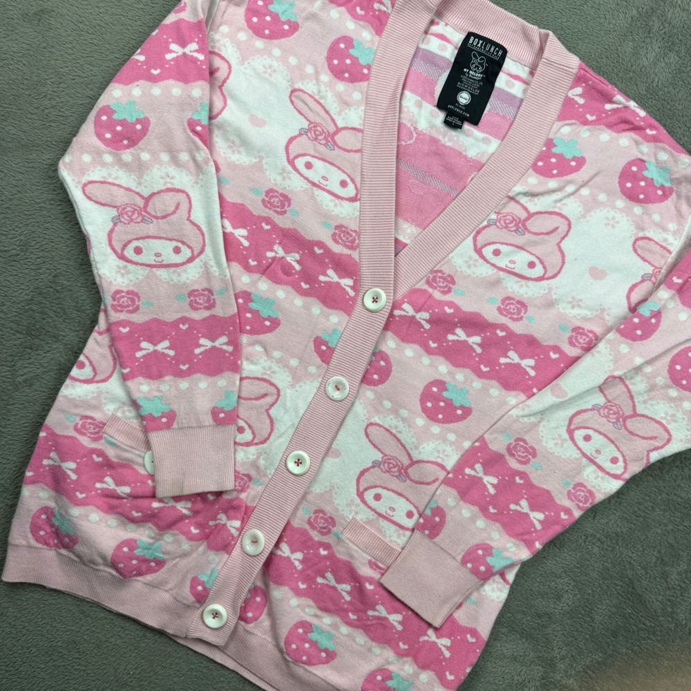 BoxLunch My Melody Sanrio Cardigan Women L Pink Excellent Strawberry Kawaii Knit